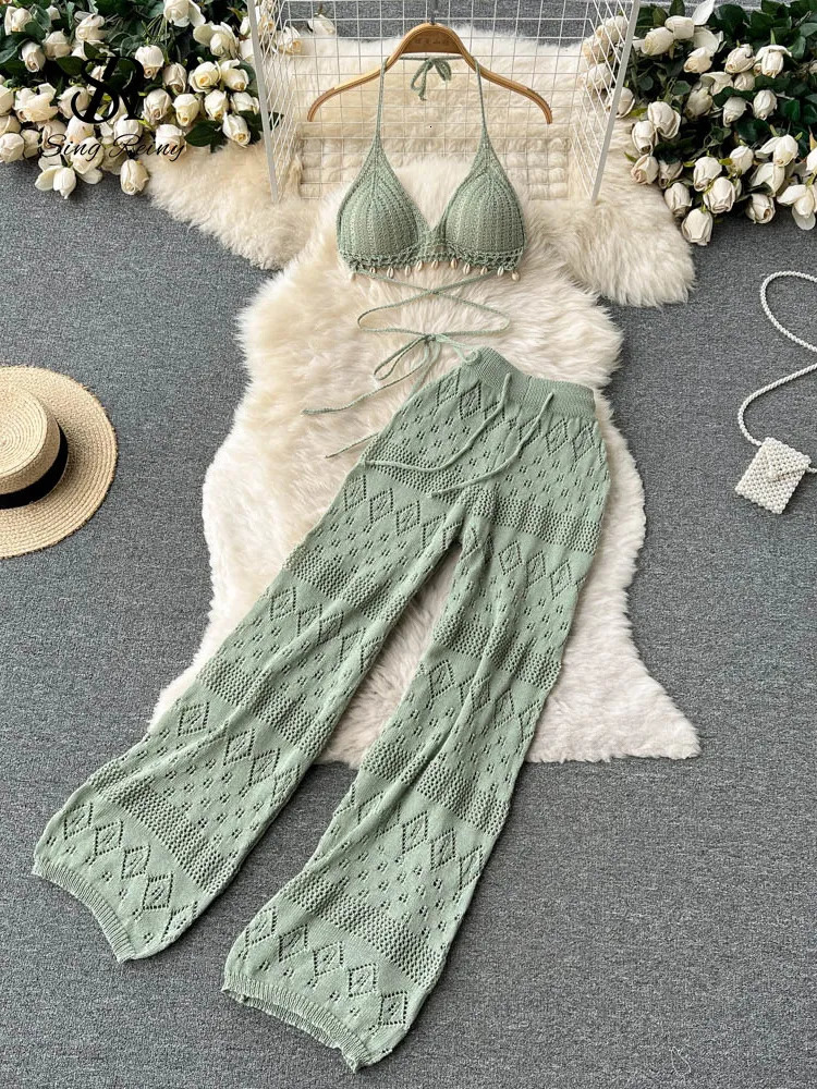 Women's Two Piece Pants SINGREINY Women Summer Knitted Set Halter Short Tops Hollow Wide Leg Long Pants Sets Shell Beach Sexy Backless Two Piece 