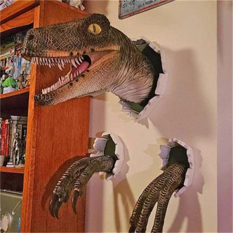 Decorative Objects Figurines Dinosaur Wall Mounted Sculpture 3D Wall Bursting Hanging Dinosaur Head Resin Dinosaur Head With Claws Home Decor 230926
