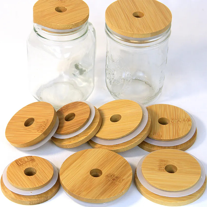 Reusable Bamboo Jar Lids with Straw Hole LeakProof Tumbler Canning Drinking Storage Jars Canning Lids with Silicone Ring for Regular Mouth Mason Canni