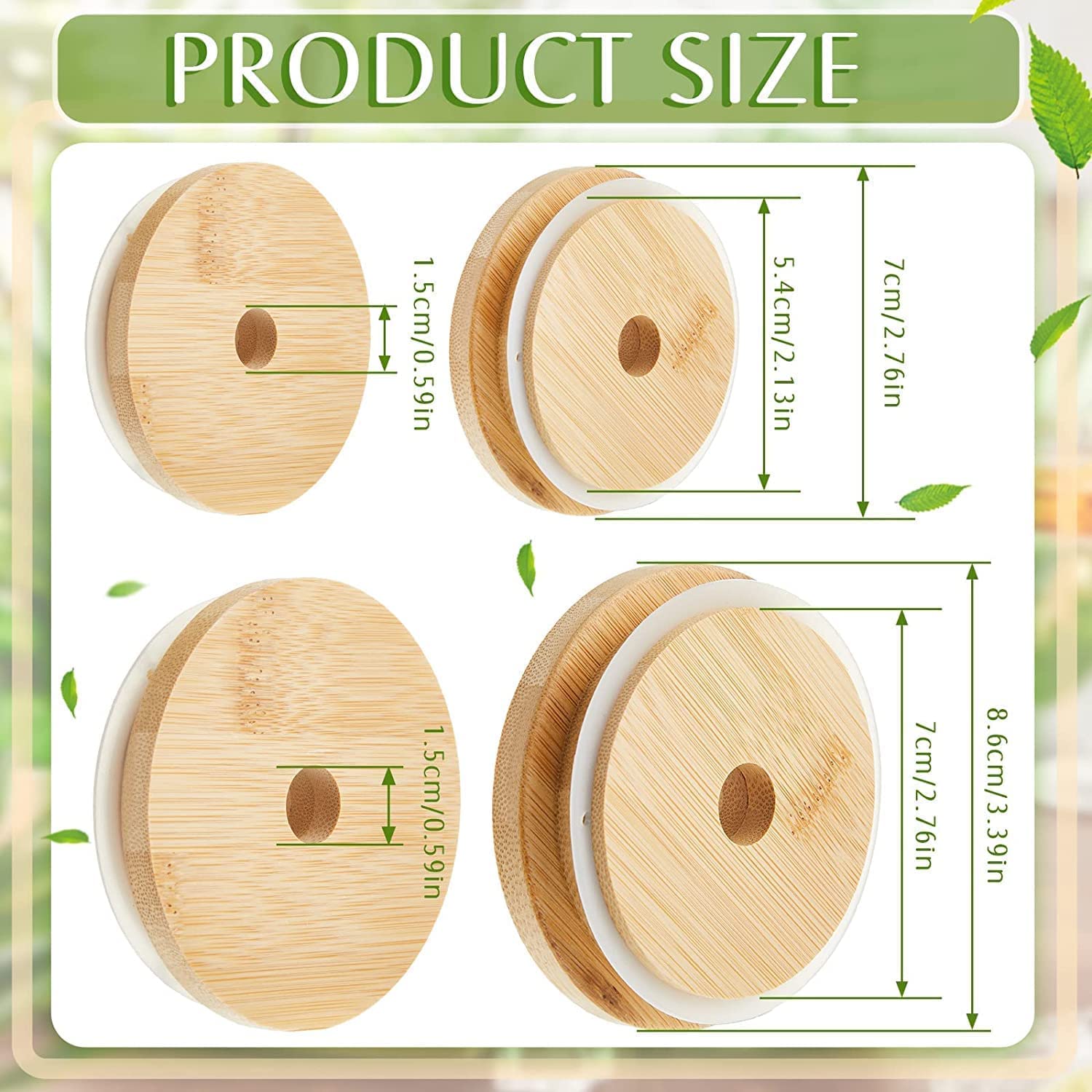 Reusable Bamboo Jar Lids with Straw Hole LeakProof Tumbler Canning Drinking Storage Jars Canning Lids with Silicone Ring for Regular Mouth Mason Canni
