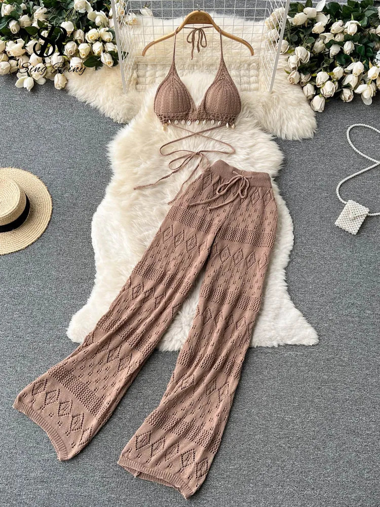 Women's Two Piece Pants SINGREINY Women Summer Knitted Set Halter Short Tops Hollow Wide Leg Long Pants Sets Shell Beach Sexy Backless Two Piece 