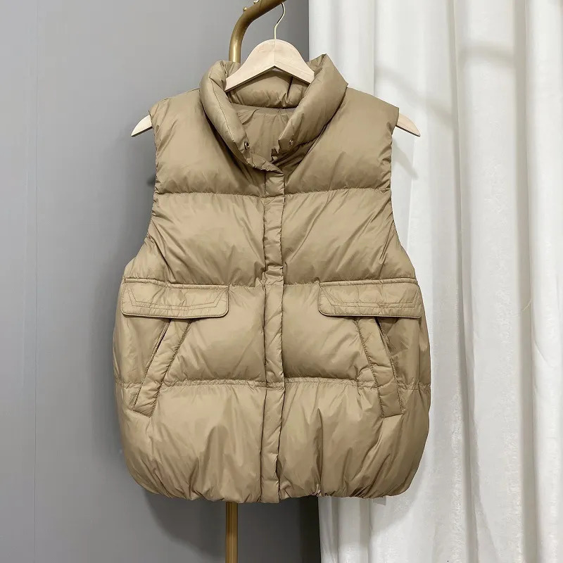 Womens Down Parkas Sleeveless Vest Standing Neck Short Single Breasted Lightweight Coat White Duck Tank Solid Color Top 230927