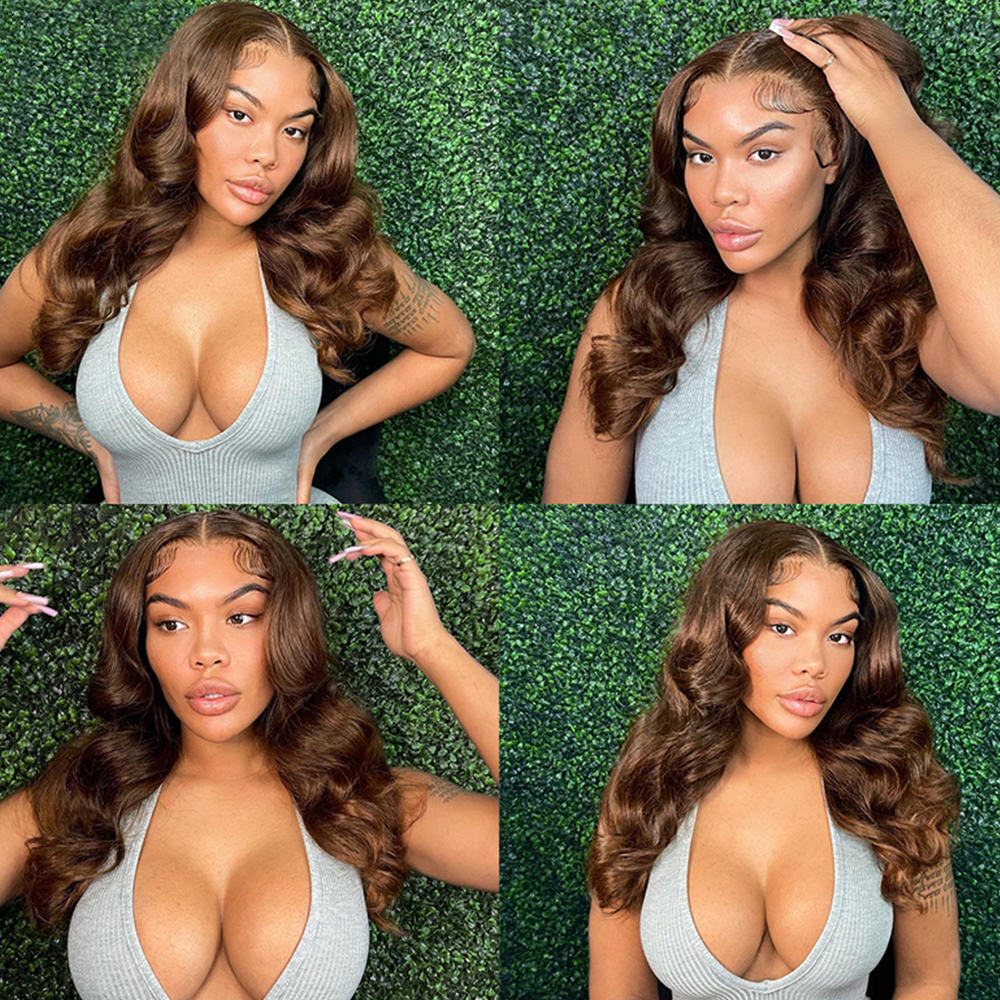 180% Chocolate Brown Body Wave Lace Front Wig Human Hair HD Transparent Lace Frontal Wig Preplucked Colored Synthetic Wigs for Black Women