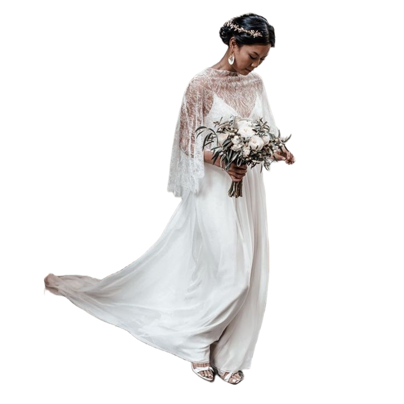 2023 Boho Chiffon A-Line Wedding Dresses With Lace Wrap Spaghetti Straps Backless Long White Beach Bridal Gowns Simple Elegant Country Bride Dress