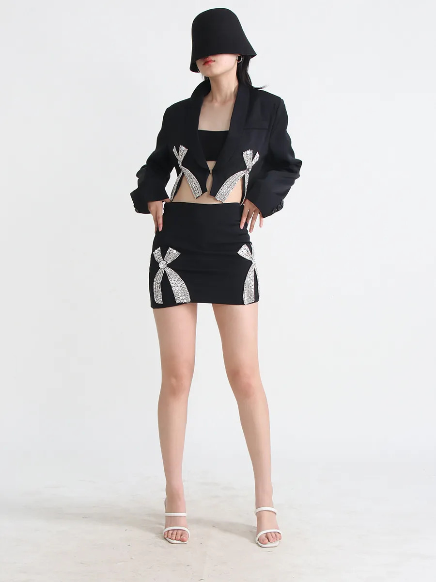 Two Piece Dress Suit Rhinestone Patchwork Bow Long Sleeve Split Blazers For Women Bow Black Slim Short Bodycon Skirt Women 230927