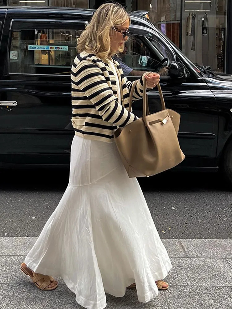 Womens Knits Tees Fashion Striped O Neck Cardigan For Women Vintage Elegant Long Sleeve Single Breasted Cardigans Autumn High Street Sweater 230927