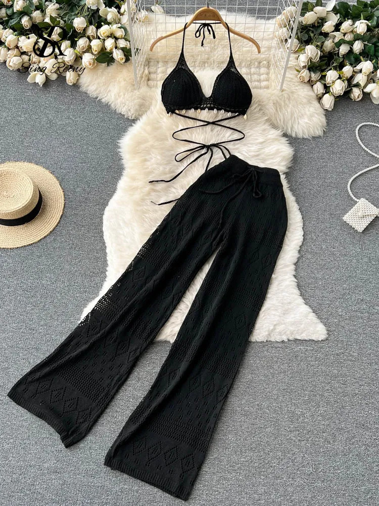 Women's Two Piece Pants SINGREINY Women Summer Knitted Set Halter Short Tops Hollow Wide Leg Long Pants Sets Shell Beach Sexy Backless Two Piece 
