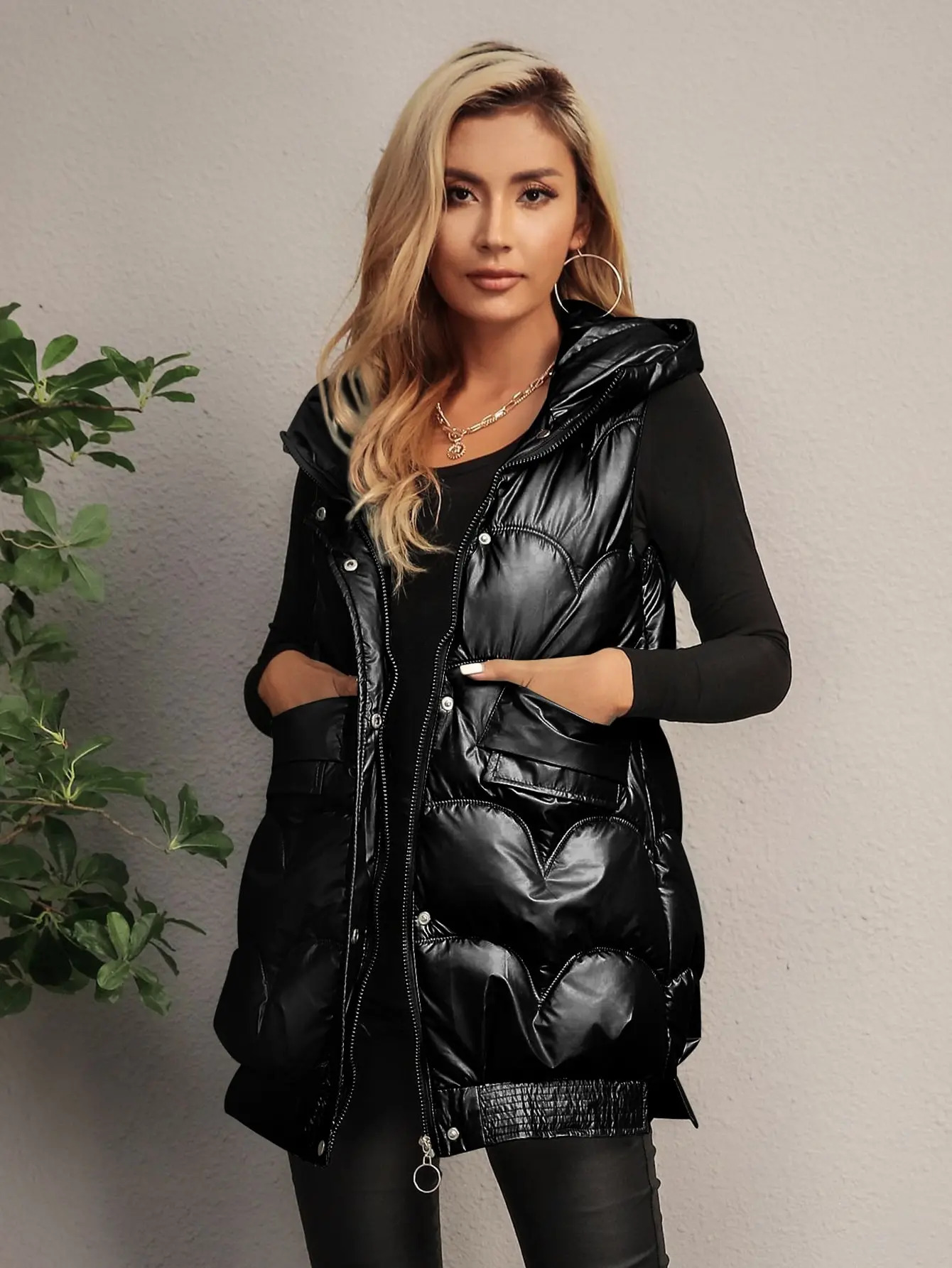 Womens Vests Fashion Autumn And Winter Sleeveless Patent Hooded Front Zipper Button Details Solid Puffer Coat Outdoor Warm Clothing 230927