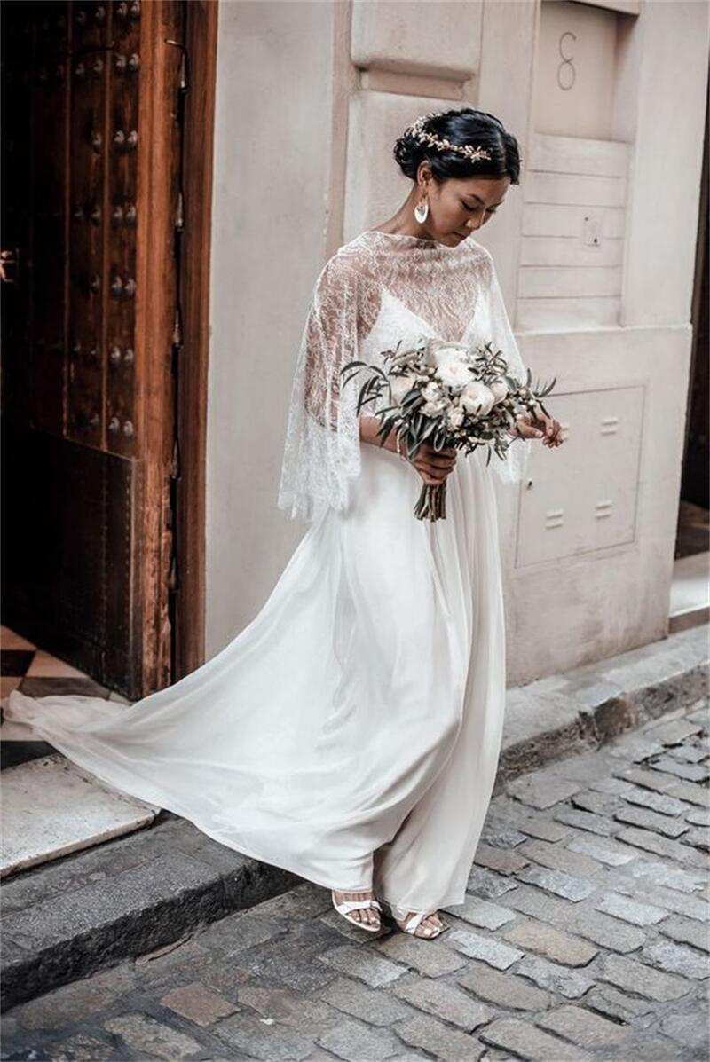 2023 Boho Chiffon A-Line Wedding Dresses With Lace Wrap Spaghetti Straps Backless Long White Beach Bridal Gowns Simple Elegant Country Bride Dress