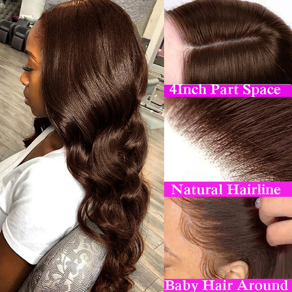 180% Chocolate Brown Body Wave Lace Front Wig Human Hair HD Transparent Lace Frontal Wig Preplucked Colored Synthetic Wigs for Black Women