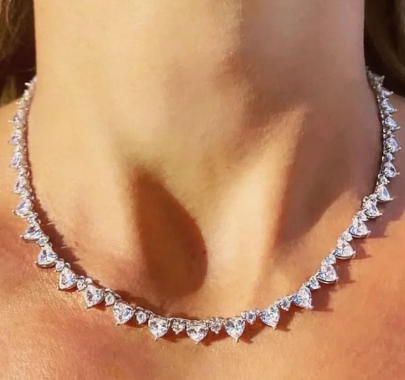 Chokers Lover Valentine's Day Gift For Girlfriend Sparking Bling 5A Round Heart Cubic Zirconia Cz Tennis Choker Necklace 230927