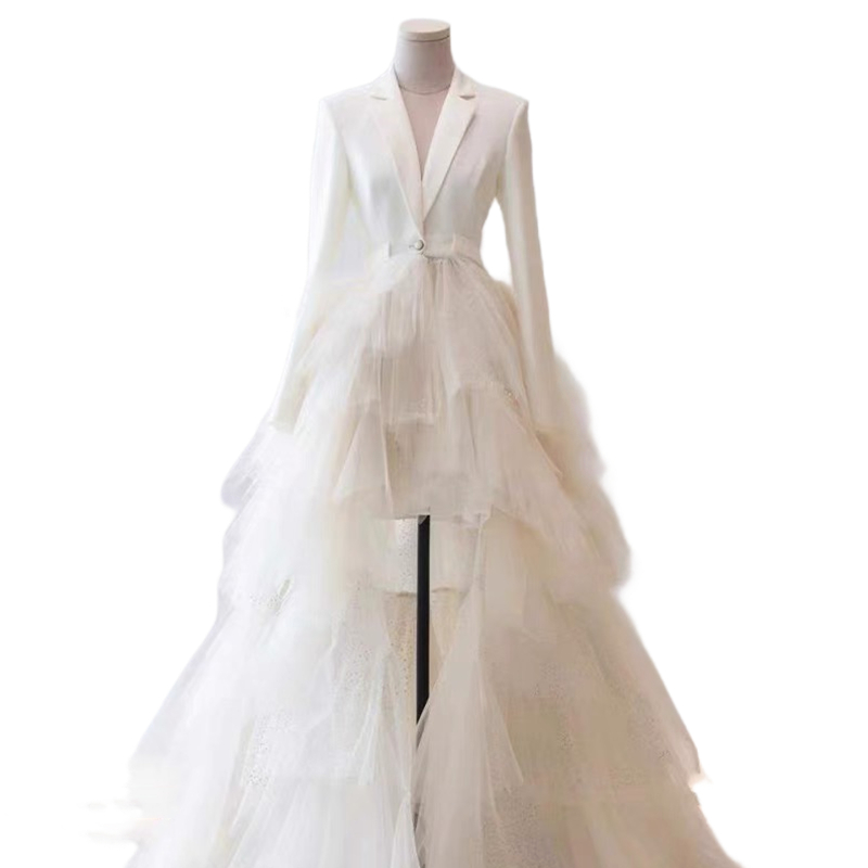 Elegant Ivory High Low Prom Dresses Tiered Skirt V-Neck Long Sleeves Tulle Formal Party Gowns Women Evening Dress Short Front Long Back