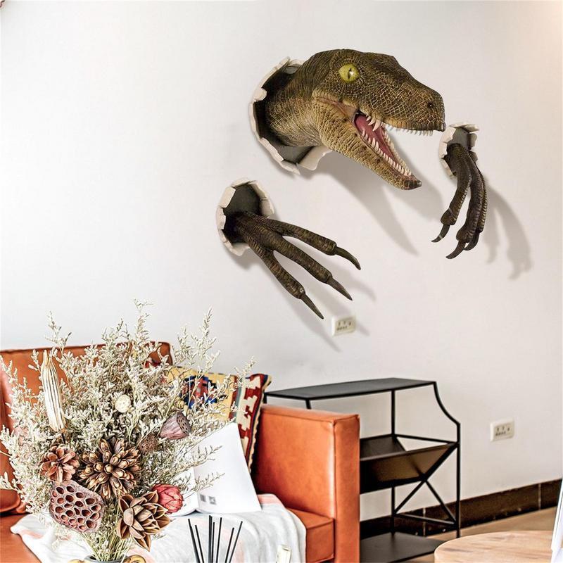 Decorative Objects Figurines Dinosaur Wall Mounted Sculpture 3D Wall Bursting Hanging Dinosaur Head Resin Dinosaur Head With Claws Home Decor 230926