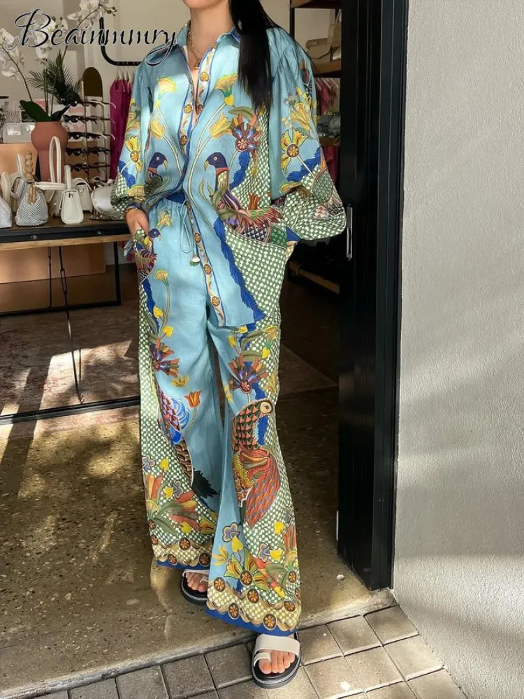 Womens Two Piece Pants Casual Print Shirt Pant Women Suit Lantern Long Sleeve Turndown Collar Shirts Wide Leg Lace Up Trousers Female Set 230927