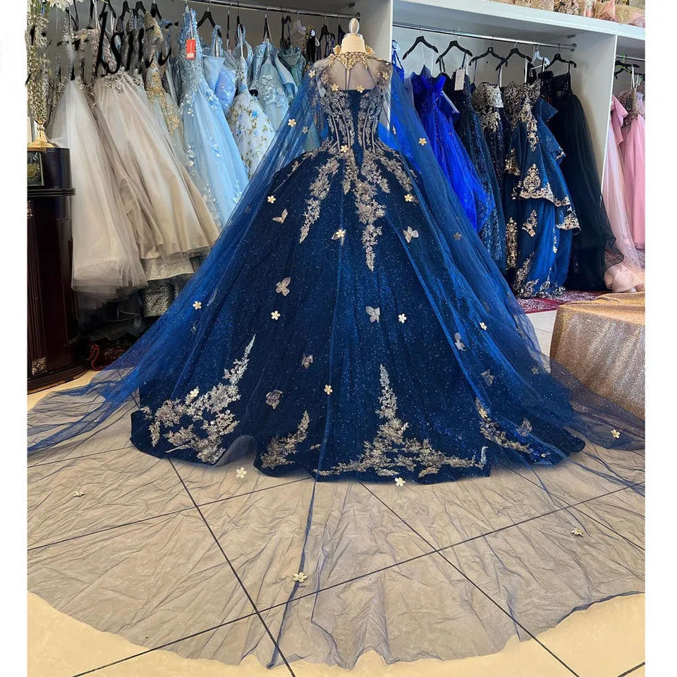 New Navy Blue Quinceanera Dresses Ball Gowns Appliques Velvet Birthday Party Evening Dress Vestido De 15 Anos