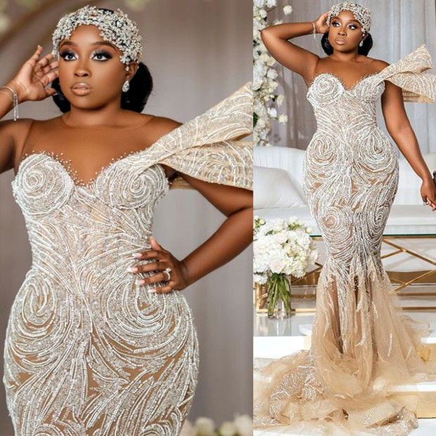 2023 Oct Arabic Aso Ebi Plus Size Champagne Mermaid Wedding Dress Beaded Sequined Lace Bridal Gowns Dresses ZJ254