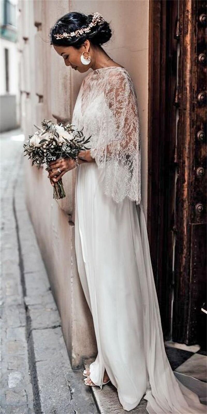 2023 Boho Chiffon A-Line Wedding Dresses With Lace Wrap Spaghetti Straps Backless Long White Beach Bridal Gowns Simple Elegant Country Bride Dress
