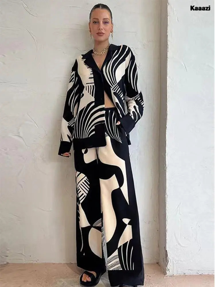Women's Two Piece Pants Women Digital Print 2 Piece Set Chic Lapel Long Sleeved Top Loose Straight Leg Pants Suit Fashion Streetwear Blouse Shirt