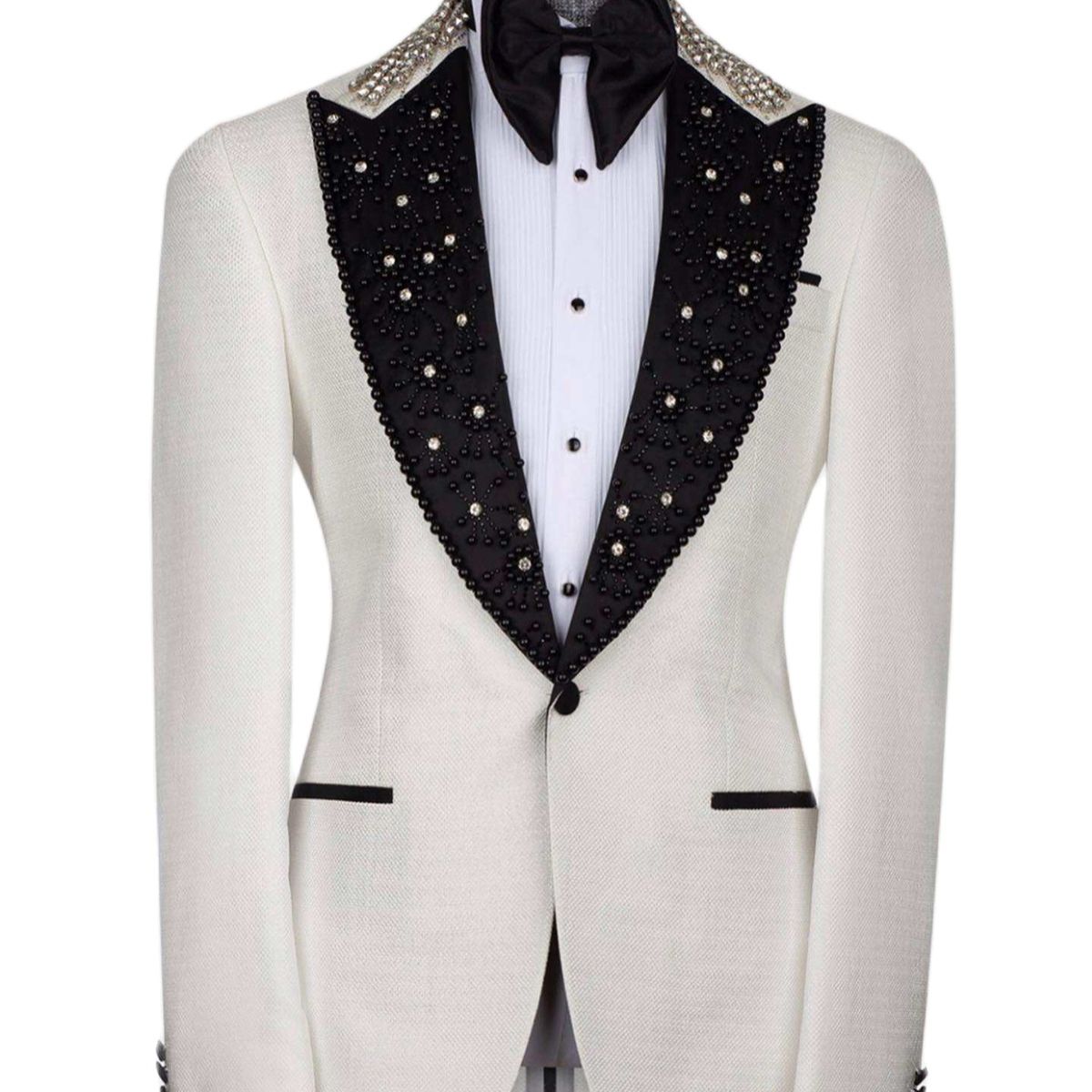 Gold Beads Mens Wedding Tuxedos Slim Fit Peaked Lapel One Button Jacket 3 Pieces With Black Pants
