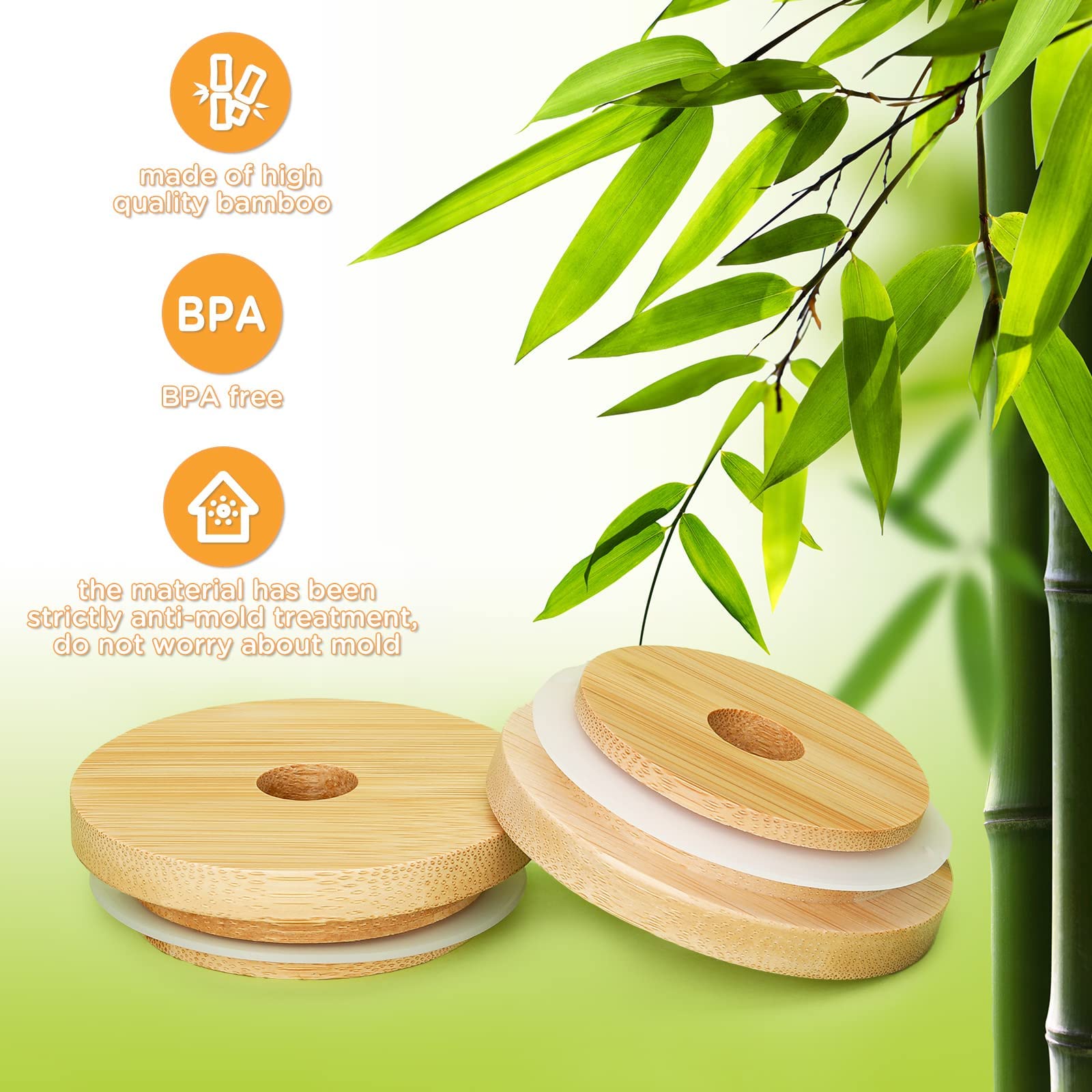 Reusable Bamboo Jar Lids with Straw Hole LeakProof Tumbler Canning Drinking Storage Jars Canning Lids with Silicone Ring for Regular Mouth Mason Canni