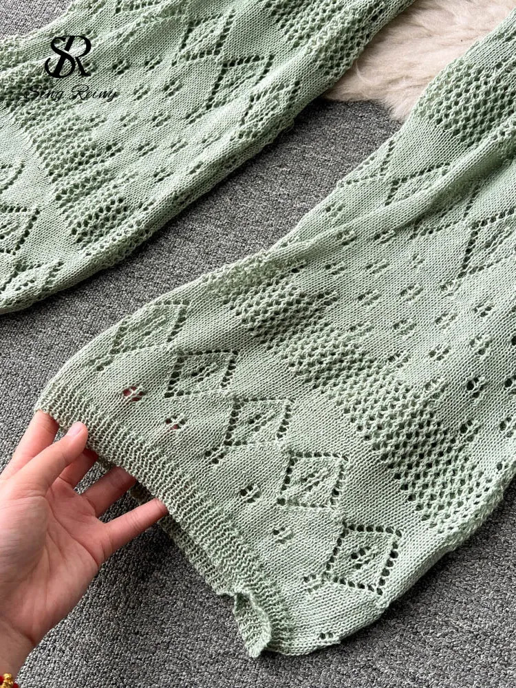 Women's Two Piece Pants SINGREINY Women Summer Knitted Set Halter Short Tops Hollow Wide Leg Long Pants Sets Shell Beach Sexy Backless Two Piece 