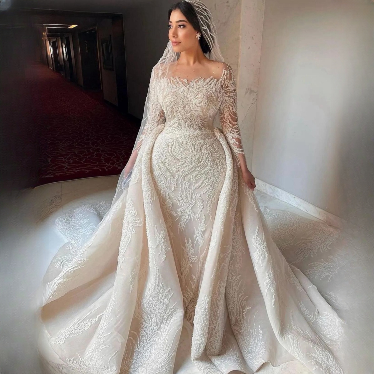 Beaded Two Piece special Dress with Detachable Train & Illusion Sleeves