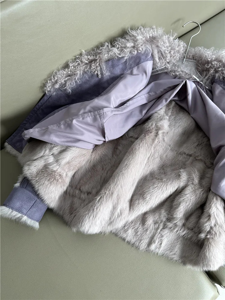 Womens Wool Blends RosEvans Vintage Natural Sheepskin Collar Rabbit Fur Full Pelt Coat Short Women Fashion patchwork coats Female Autumn Winter 230927