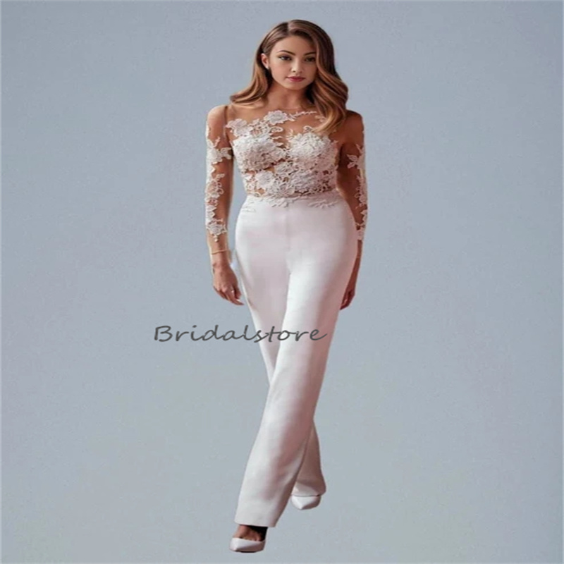 Elegant Jumpsuit Wedding Dress With Detachable Train Long Sleeve Lace Boho Bride Dress 2024 See Through Beach Bohemian 2 in1 Civil Country Rustic Gard