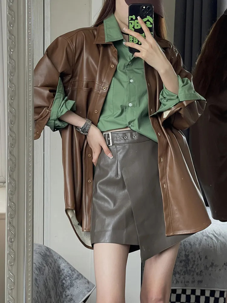 Womens Jackets Leather Women Autumn Single Breasted Long Sleeve Loose Coats Vintage Fashion Turndown Collar Brown Outerwear 230927