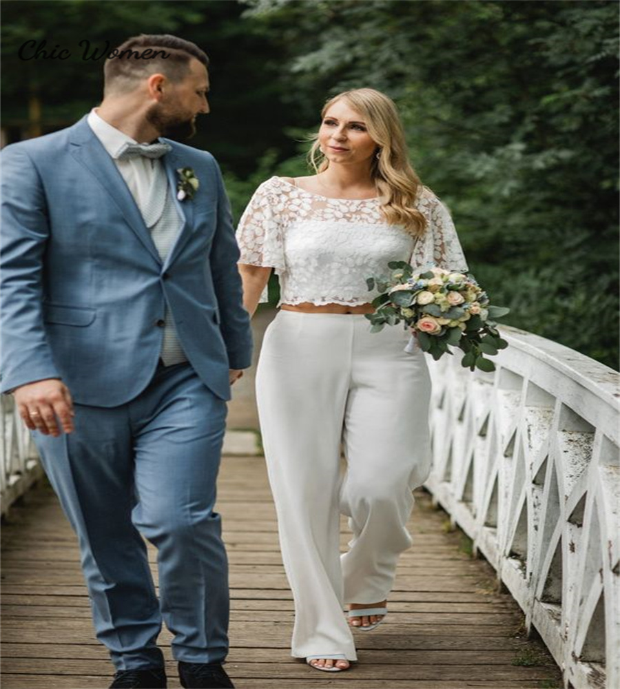 Civil Boho Two Pieces Wedding Dress 2024 Chic Short Sleeve Crop Top Jumpsuit Plus Size Bride Dress Lace Beach Bohemian Bridal Vestido De Noiva Casamen