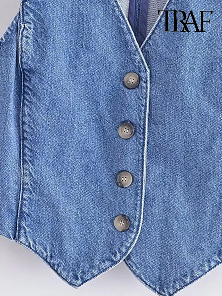 Women's Vests TRAF Women Fashion Front Button Denim Waistcoat Vintage V Neck Sleeveless Female Outerwear Chic Tops 230927