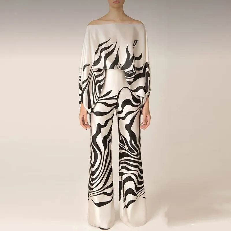 Women's Two Piece Pants Casual Satin Commuting Suit Fashion Hollow Off Shoulder Tops With Long Pants Women 2 Piece Sets Spring Loose Print Outfit