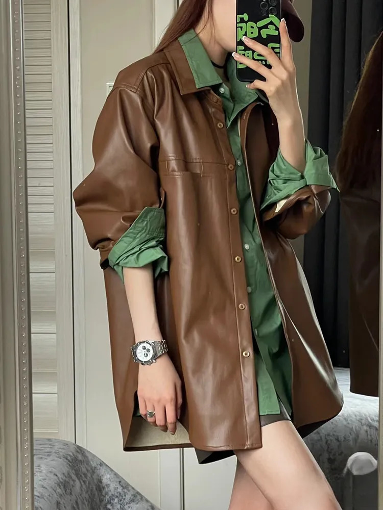 Womens Jackets Leather Women Autumn Single Breasted Long Sleeve Loose Coats Vintage Fashion Turndown Collar Brown Outerwear 230927