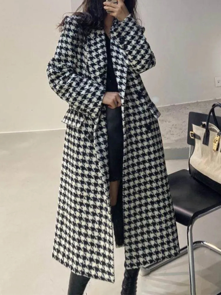 Women's Wool Blends Trench Coat for Women Tweed Wool Coat Korean Fashion Autumn Womens Winter Clothing Plaid Long Jacket Elegance Office Lady 230