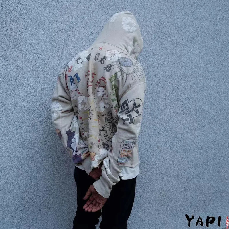 Men's Hoodies Sweatshirts Harajuku Retro Kapok Graffit Casual Hooded Hoodies Men and Women Streetwear Oversized Terry Sweatshirts Loose Hip Hop H