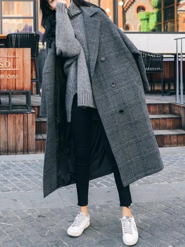 Women's Wool Blends Trench Coat for Women Tweed Wool Coat Korean Fashion Autumn Womens Winter Clothing Plaid Long Jacket Elegance Office Lady 230