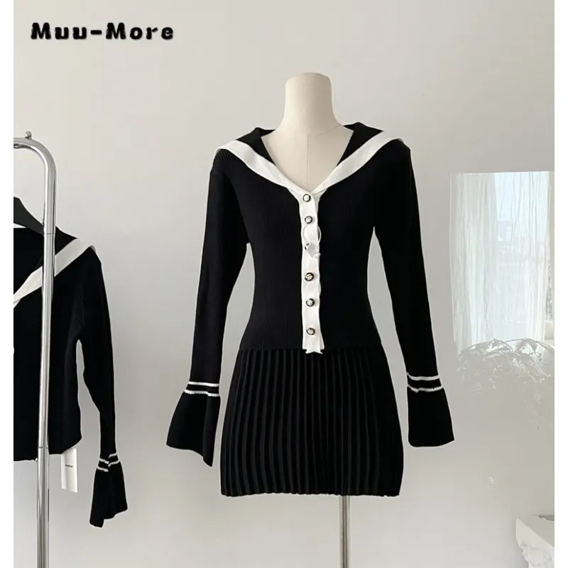 Two Piece Dress Women Vintage Sweet Long Sleeve Patchwork Slim Fit Mini Dresses Autumn Winter Elegant Casual Vneck Knitting ALine 230927