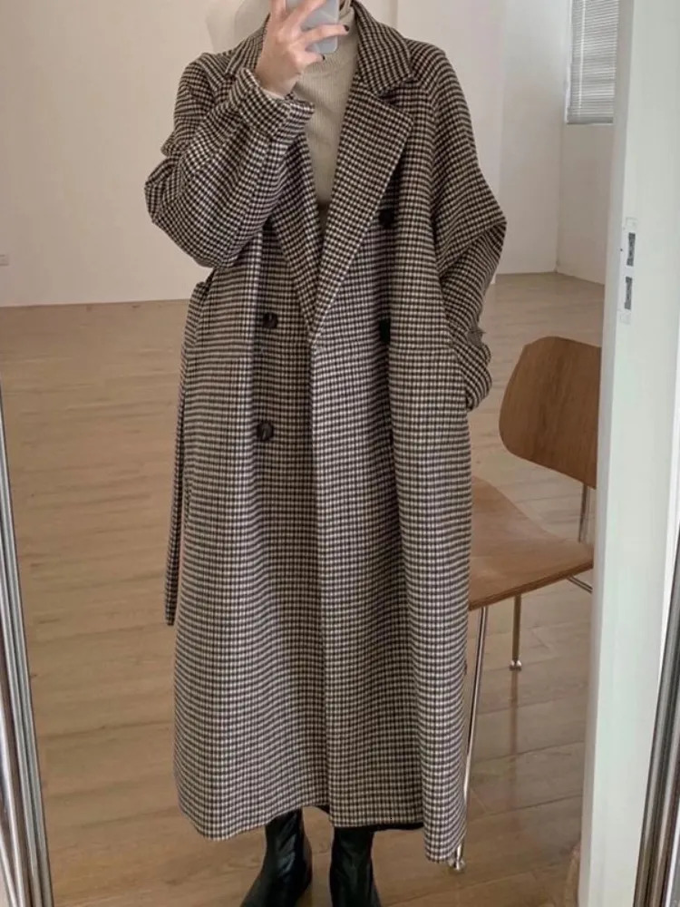 Women's Wool Blends Trench Coat for Women Tweed Wool Coat Korean Fashion Autumn Womens Winter Clothing Plaid Long Jacket Elegance Office Lady 230