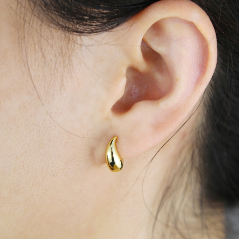 New Designer Gold Color Chunky Dome Teardrop Peas Shape Stud Earrings Mini Glossy High Polished Fashion Hip Hop Women Lady Festival Gift Jewelry