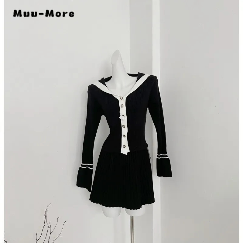 Two Piece Dress Women Vintage Sweet Long Sleeve Patchwork Slim Fit Mini Dresses Autumn Winter Elegant Casual Vneck Knitting ALine 230927