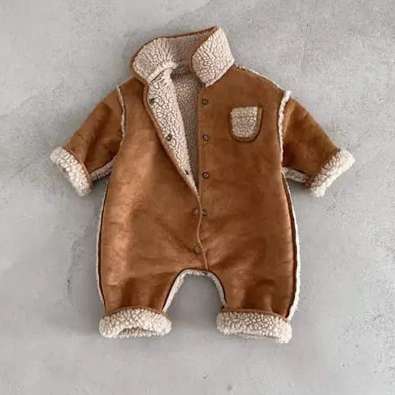 Rompers Baby Winter Romper Brown Plush Clothes Kids Jumpsuit for Boys Girls Korean Toddler Infant Outfit 0-24M 230927