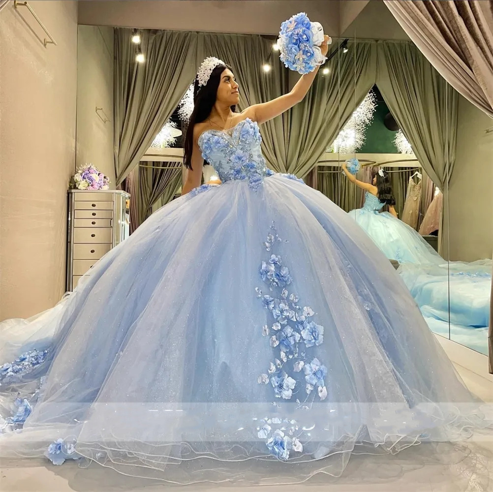 Blue Sweetheart Ball Gown Quinceanera Dress For Girls Beaded 3D Flowers Birthday Party Gowns Prom Dresses Vestido De 15 Anos