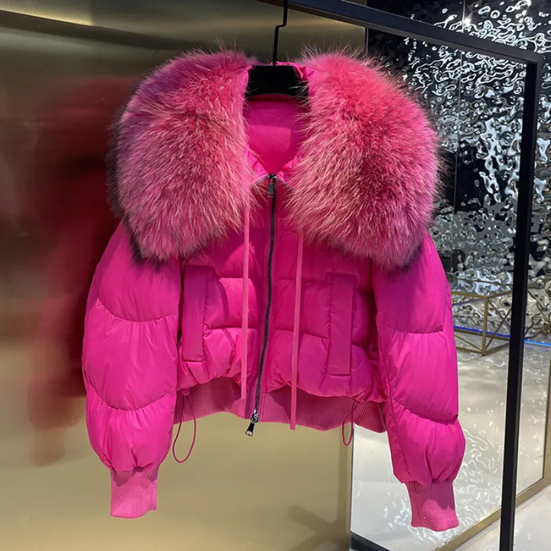 coat Women's 90% White Duck Down Coat Winter Puffer Jacket Women Thick Warm Short Parkas Real Natural Raccoon Fur Female Loose jacket