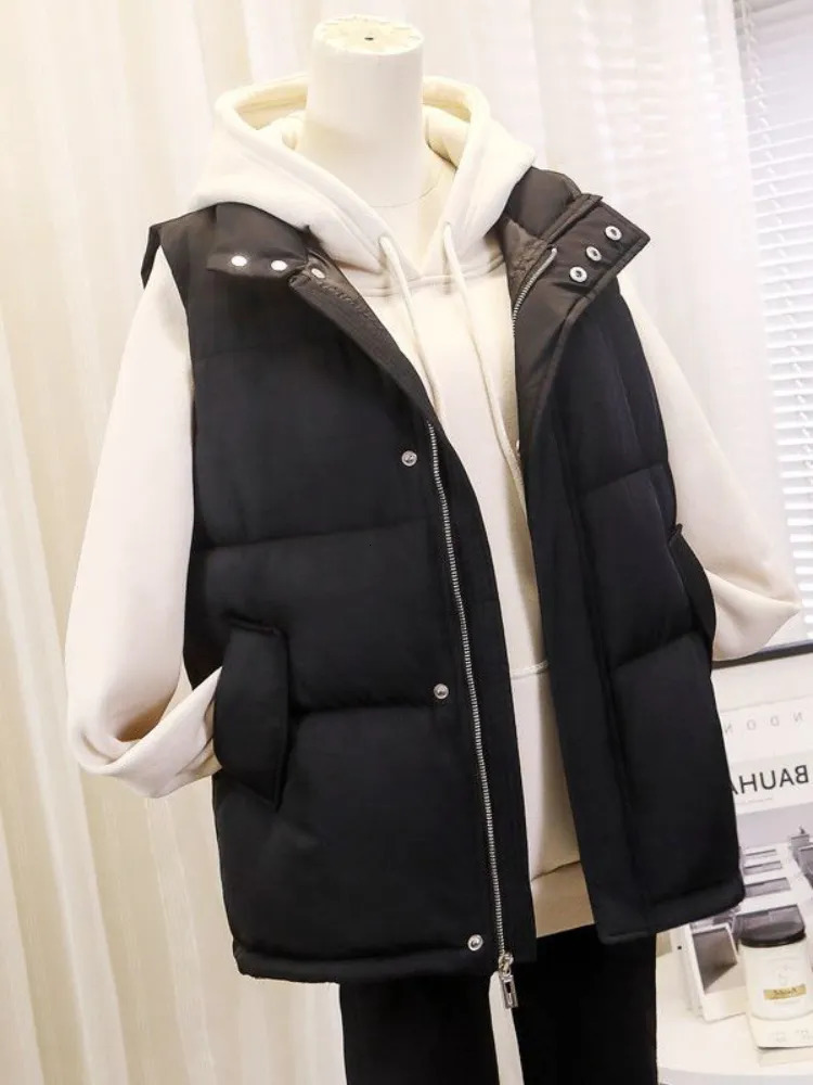 Womens Vests Winter Cotton Vest Women Warm Coat Turndown Collar Zipper Sleeveless Jacket Overcoat Loose Pocket Waistcoat Q386 230927