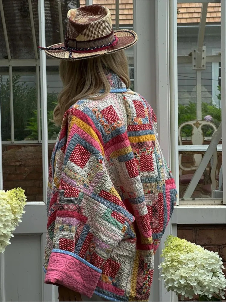 Womens Down Parkas Pink Vintage Print Patchwork Cotton Coats For Woman Casual Loose Long Sleeve Short Jackets Autumn Female High Street Outerwear 2309