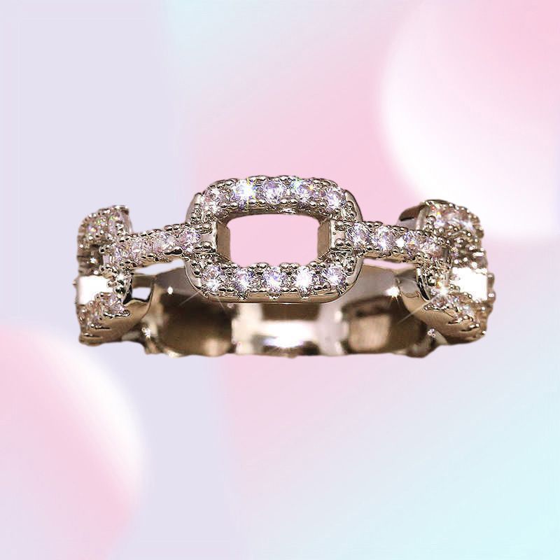 925 New Silver Color Chain Ring with Bling Zircon Stone Rings for Women Wedding Engagement Fashion Jewelry Gift Q07084543698