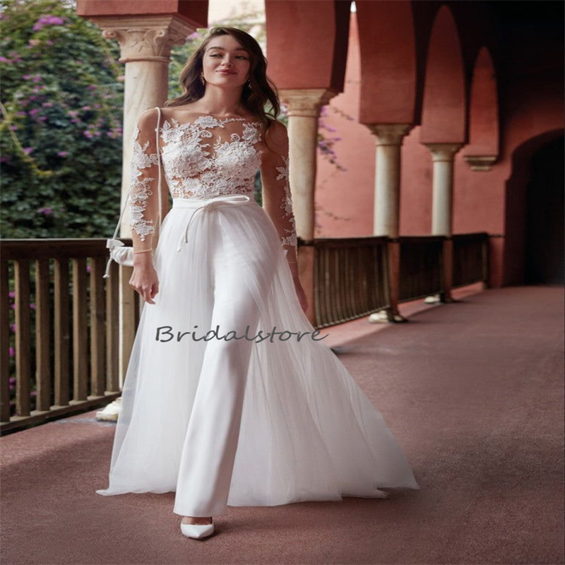 Elegant Jumpsuit Wedding Dress With Detachable Train Long Sleeve Lace Boho Bride Dress 2024 See Through Beach Bohemian 2 in1 Civil Country Rustic Gard