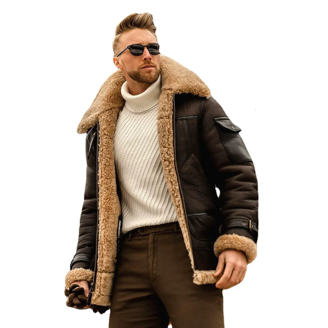 Men's Fur Faux Fur Fashion Men's Fleece Jacket Turn Down Fur Collar Thick Coats Thicken Warm Leather Outwear Male Winter Streetwear Windbrea