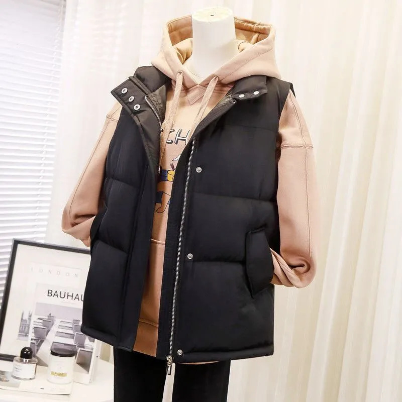 Womens Vests Winter Cotton Vest Women Warm Coat Turndown Collar Zipper Sleeveless Jacket Overcoat Loose Pocket Waistcoat Q386 230927