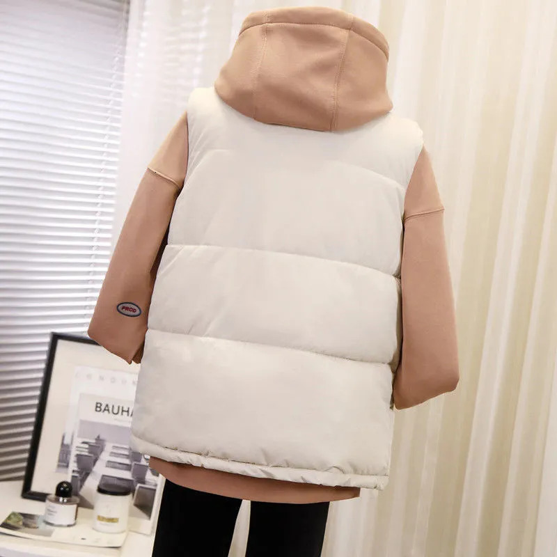 Womens Vests Winter Cotton Vest Women Warm Coat Turndown Collar Zipper Sleeveless Jacket Overcoat Loose Pocket Waistcoat Q386 230927